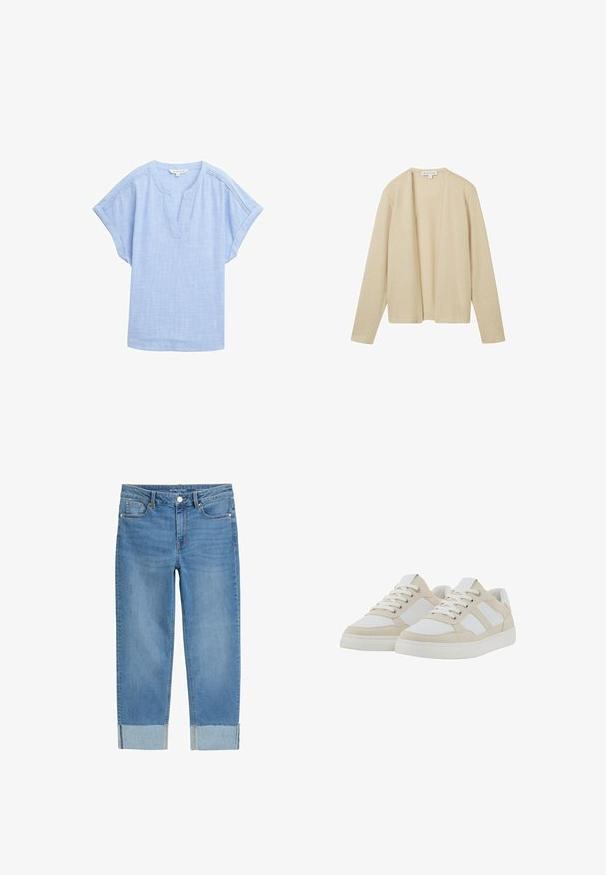 Beige cardigan lavet af tekstureret strikstof, med lange ærmer og åben frontdesign. Ingen lukninger eller udsmykninger er synlige.; Lys blå kortærmet skjorte i et åndbart stof, med v-halsudskæring og en subtil tekstureret mønster over hele. ; Lyseblå denimjeans med lige ben-design, udstyret med knaplukning, fem lommer og manchetter med en kontrastfarvet blå kant.; Beige og hvide sneakers med en struktureret overdel, snørelukning og polstret krave. Har tre hvide sidestropper og en gummisål.