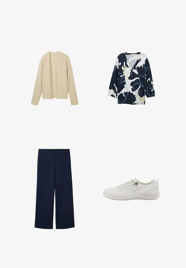 Beige cardigan lavet af tekstureret strikstof, med lange ærmer og åben frontdesign. Ingen lukninger eller udsmykninger er synlige.; Marineblå, cremefarvet og lyseblå mønstret skjorte med V-hals, trekvartærmer og to knapper foran. Krøllet tekstur.; Marineblå brede bukser lavet af letvægtigt stof, med et rent design og lige snit, forsynet med sidelommer og uden synlige lukninger.; Hvid atletiksko lavet af åndbart mesh-materiale. Har lynlås, struktureret overdel og fleksibel gummisål.