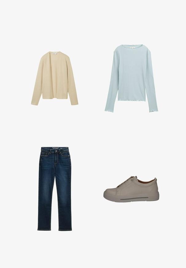 Beige cardigan lavet af tekstureret strikstof, med lange ærmer og åben frontdesign. Ingen lukninger eller udsmykninger er synlige.; Lyseblå langærmet top lavet af ribbet stof. Har en rund halsudskæring og bølgede kanter ved ærmerne og kanten.; Mørkeblå lige ben jeans lavet af denim, med fem lommer, metalknaplukning og kontraststikning. Ingen synlige slidmærker.; Beige sneakers lavet af glat læder, med en rund tå, snørebåndsdesign og en tekstureret hvid sål med en grå stribe.