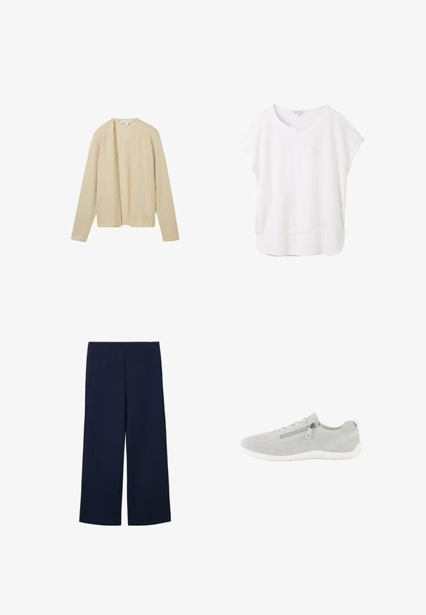 Beige cardigan lavet af tekstureret strikstof, med lange ærmer og åben frontdesign. Ingen lukninger eller udsmykninger er synlige.; Hvid kortærmet bluse lavet af blødt stof. Har en rund halsudskæring med en lille indsats og en let buet kant for en afslappet pasform.; Marineblå brede bukser lavet af letvægtigt stof, med et rent design og lige snit, forsynet med sidelommer og uden synlige lukninger.; Lysegrå mesh-sneaker med sidelås, snørelukning, hvid sål og trækstrop ved hælen, vist i venstre profil.