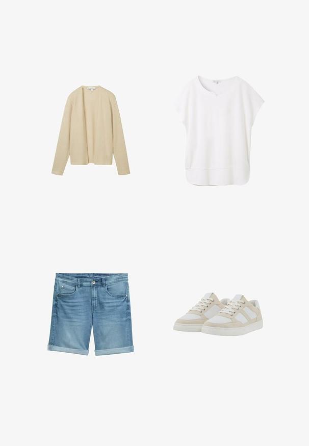 Beige cardigan gemaakt van textuurgebreide stof, met lange mouwen en een open voorkant ontwerp. Geen sluitingen of versieringen zichtbaar.; Witte blouse met korte mouwen, gemaakt van zachte stof. Heeft een ronde halslijn met een kleine uitsparing en een licht gebogen zoom voor een ontspannen pasvorm.; Leren denim shorts in lichtblauw met een vervaagde afwerking, met opgerolde pijpen, een vijf-pocket ontwerp en een metalen knoopsluiting bij de taille.; Beige en witte sneakers met een gestructureerde bovenkant, vetersluiting en gevoerde kraag. Voorzien van drie witte zijstrepen en een rubberen zool.