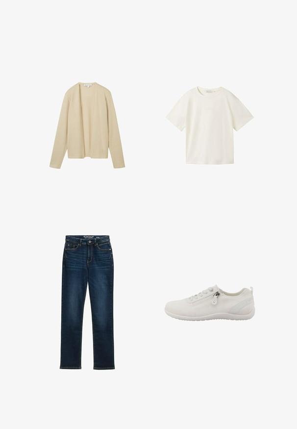 Beige cardigan gemaakt van textuurgebreide stof, met lange mouwen en een open voorkant ontwerp. Geen sluitingen of versieringen zichtbaar.; TOM TAILOR DENIM T-shirt basic - gardenia white; Donkerblauwe rechte jeans van denim, met vijf zakken, een metalen knoopsluiting en contrasterende stiknaden. Geen zichtbare slijtage.; Witte sportieve schoen van ademend gaasmateriaal. Voorzien van een ritssluiting, een gestructureerd bovendeel en een flexibele rubberen zool.