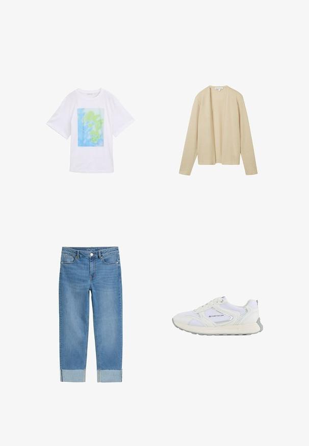 Beige cardigan gemaakt van textuurgebreide stof, met lange mouwen en een open voorkant ontwerp. Geen sluitingen of versieringen zichtbaar.; Witte katoenen t-shirt met een rechthoekige grafische print in blauwe en groene abstracte patronen aan de voorkant. Korte mouwen en ronde hals.; Lichtblauwe spijkerbroeken met een rechte pijpdesign, met een knoopsluiting, vijf zakken en manchetten met een contrasterende blauwe zoom.; Witte sportschoen met een bovenwerk van mesh en synthetisch materiaal, voorzien van zilveren accenten en een gestructureerde rubberen zool, gelabeld "TOM TAILOR."