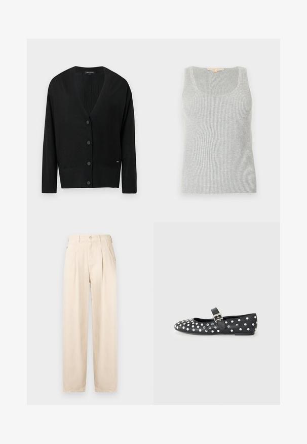 Sort strikket cardigan med V-hals, lange ærmer og knaplukning foran. Har ribbede kanter og en lille logoaccent på siden.; Grå ribstrikket tanktop med rund halsudskæring, lavet af et struktureret strikket stof. Har en tætsiddende silhuet og minimal syning.; Beige plisserede bukser lavet af bomuldsblanding. Har lynlås foran, knaplukning og sidelommer med en afslappet pasform og lige ben.; Sorte læder flade sko med rund tå, prydet med sølvnitter i et prikket mønster og en spænde rem over vristen.