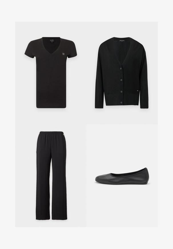 Cardigan noir en maille avec encolure en V, manches longues et fermeture boutonnée à l'avant. Comprend des bordures côtelées et un petit logo décoratif sur le côté.; T-shirt noir à manches courtes avec col en V, petit patch logo sur le côté gauche de la poitrine et étiquette intérieure au niveau de l'encolure.; Pantalon noir à jambes larges avec taille élastique, design simple, présenté sur un fond blanc uni.; Ballerines en cuir noir avec un bout rond, texture lisse, détails de couture minimalistes et design de semelle flexible.