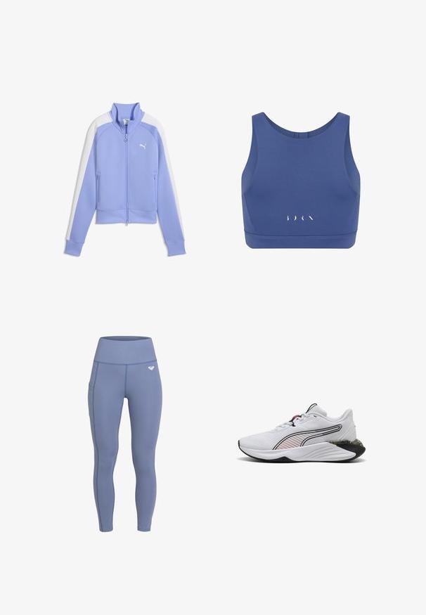 Veste de survêtement à fermeture éclair de couleur violet clair avec des bandes blanches sur les manches, des poignets et un ourlet côtelés, et un logo Puma sur la poitrine.; Un soutien-gorge de sport bleu avec un tissu lisse et extensible. Il possède un décolleté rond et des coutures plates, rehaussé par des lettres blanches sur le devant.; Leggings extensibles taille haute en tissu doux bleu, avec une poche latérale et des détails de couture subtils. Présente un petit logo à la taille.; Chaussure de sport blanche avec tige en mesh, accents noirs et roses, semelle texturée et semelle intermédiaire rembourrée. Dispose de lacets et d'un bout arrondi.