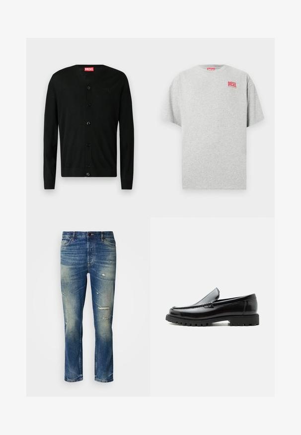 Cardigan noir à manches longues avec boutons et col en V, orné d'un petit logo brodé sur la poitrine et d'une étiquette de marque Diesel rouge à l'intérieur du col.; T-shirt en coton gris avec un col rond et des manches courtes. Présente un petit logo rouge « DIESEL » sur la poitrine. Texture lisse.; Jean en denim bleu clair avec une coupe décontractée, présentant des détails déchirés, des patches décolorés et une fermeture classique à boutons et à zip.; Mocassin en cuir noir avec semelle en caoutchouc épaisse, dessus cousu et nom de marque embossé sur le talon, présenté de profil sur fond blanc.