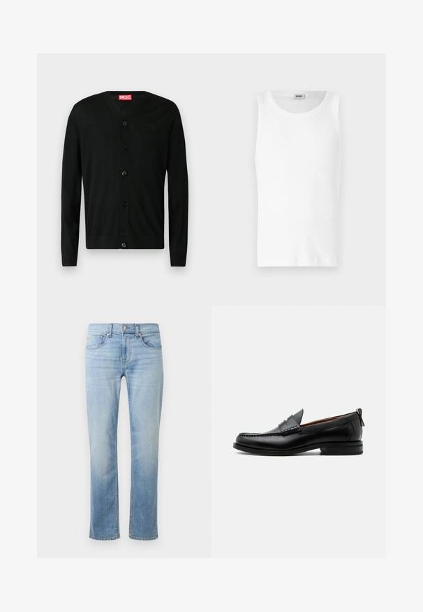 Zwarte lange mouwen cardigan met knopen en V-hals, met een klein geborduurd logo op de borst en een rood Diesel merklabel aan de binnenkant van de kraag.; Witte katoenen mouwloze tanktop met een ronde halslijn en een gladde textuur. Eenvoudig ontwerp, geen patronen of accenten.; Lichtblauwe denim jeans met een rechte pasvorm, vijf zakken, zichtbare stiksels en een vervaagde afwerking nabij de dijen en knieën.; Zwarte leren herensloffen met moc toe stiksel, pennyriem, gestructureerde kraag en lage gestapelde hak op witte achtergrond.