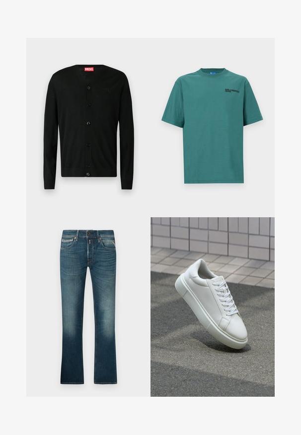 Sort langærmet cardigan med knapper og V-hals, med en lille broderet logo på brystet og en rød Diesel-mærkat indvendig i kraven.; Teal bomulds T-shirt med korte ærmer, rund halsudskæringer og et sort logo på venstre bryst. Glat tekstur, afslappet pasform.; Blå denim jeans med en falmet vask, der har fem lommer, lynlåslukning og lige ben-design. Syede sømme i kontrasttråd.; Hvide lædersneakers med en glat overflade, rund tå og flade hvide snørebånd. Har en tekstureret gummisål og minimalt design.