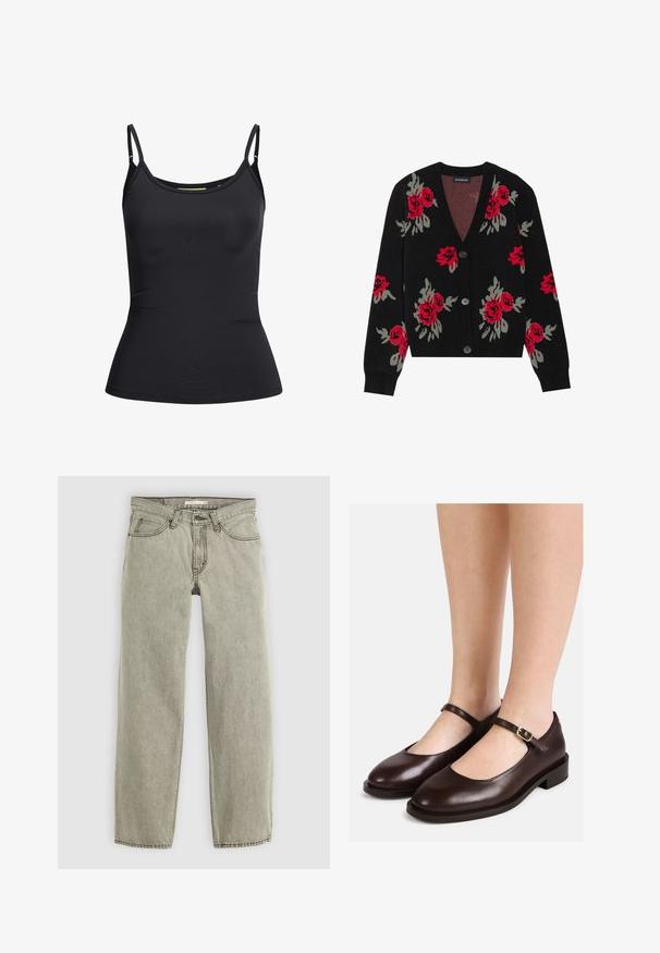 Sort cardigan med røde roser og grønne blade i et blomstermønster, med V-udskæring og seks knapper foran.; Sort tætsiddende ærmeløs dame-top med tynde justerbare skulderstropper og en let rundet halsudskæring, vist på en hvid baggrund.; Lys grå straight-leg jeans med frontlukkede knap og lynlås, bæltestropper og fem-lomme design.; Kvinde iført mørkebrune Mary Jane-sko i læder med lave hæle og justerbare spænder, stående på en hvid baggrund.