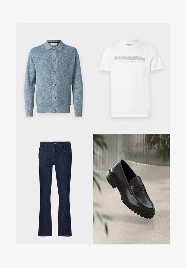 Lyseblå strikket cardigan med et struktureret mønster, med knaplukning foran og træknapper, lange ærmer og klassisk krave.; Hvid bomulds T-shirt med rund halsudskæring, korte ærmer og et blåt grafisk tekstdesign, der siger "DENIM TOM TAILOR etableret 2007."; Mørkeblå denim flare jeans med mellemhøj talje, fem lommer og kontrastsyninger. Glat tekstur med minimal slid.; Brune læder loafers med en tekstureret, rippet gummisål. Har et slankt design og et dekorativt bånd over vristen.