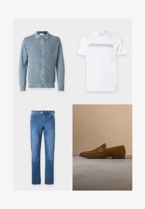 Lichtblauwe gebreide cardigan met een gestructureerd patroon, voorzien van een knoopsluiting aan de voorkant en houten knopen, lange mouwen en een klassieke kraag.; Witte katoenen T-shirt met een ronde hals, korte mouwen en een blauw grafisch tekstontwerp met de tekst "DENIM TOM TAILOR opgericht 2007."; Denim jeans in medium blue met een rechte snit. Voorzien van vijf zakken, een knoopsluiting en zichtbare stikseldetails langs de naden.; Bruine suèdeleren herenslof met leren gespdetail, tentoongesteld op een beige tapijt en voor een lichtbeige bank.