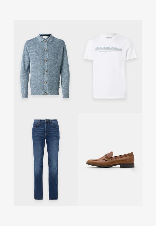 Lyseblå strikket cardigan med et struktureret mønster, med knaplukning foran og træknapper, lange ærmer og klassisk krave.; Hvid bomulds T-shirt med rund halsudskæring, korte ærmer og et blåt grafisk tekstdesign, der siger "DENIM TOM TAILOR etableret 2007."; Mørkeblå denimjeans med en klassisk lige pasform, fem-lomme design og let falmede detaljer på benene. Har knap- og lynlåslukning.; Brune læder slip-ons med flad hæl, prydet med en dekorativ metalaccent foran, med et strømlinet design og glat tekstur.