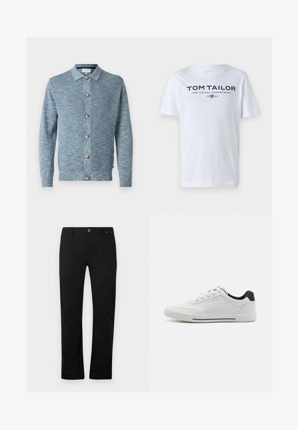 Cardigan en tricot bleu clair avec un motif texturé, doté d'une fermeture à boutons à l'avant et de boutons en bois, avec des manches longues et un col classique.; T-shirt en coton blanc avec un col rond, des manches courtes et un texte en marine indiquant "TOM TAILOR LE SERVICE DÉCONTRACTÉ 1962."; Pantalons noirs à jambe droite avec fermeture à bouton et fermeture éclair, passants de ceinture et poches latérales, présentés sur un fond blanc.; Baskets blanches avec un dessus en synthétique lisse, bout rond, design à lacets, accent marine sur le talon, et une semelle en caoutchouc texturée avec une bande noire.