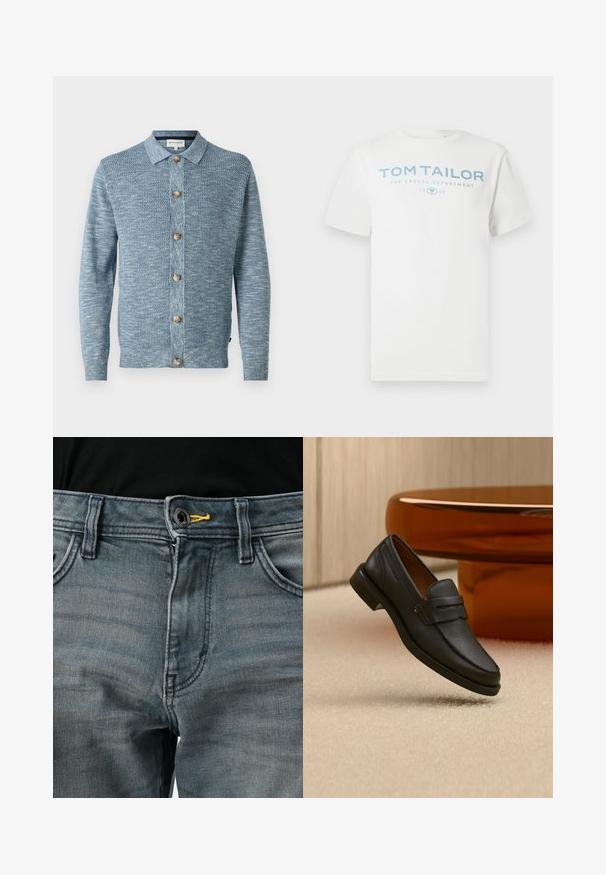 Lichtblauwe gebreide cardigan met een gestructureerd patroon, voorzien van een knoopsluiting aan de voorkant en houten knopen, lange mouwen en een klassieke kraag.; Wit katoenen t-shirt met een lichtblauwe opdruk met de tekst "TOM TAILOR," "THE CASUAL DEPARTMENT" en "1962." Klassieke ronde hals en korte mouwen.; Vervaagde blauwe denim jeans met knoopsluiting, gele accenten bij de tailleband en een klassiek vijf-pocket ontwerp. De textuur lijkt zacht en versleten.; Zwarte leren herensloffen met een band over de bovenkant, getoond op een beige tapijt vlakbij een bruine moderne ronde tafel.