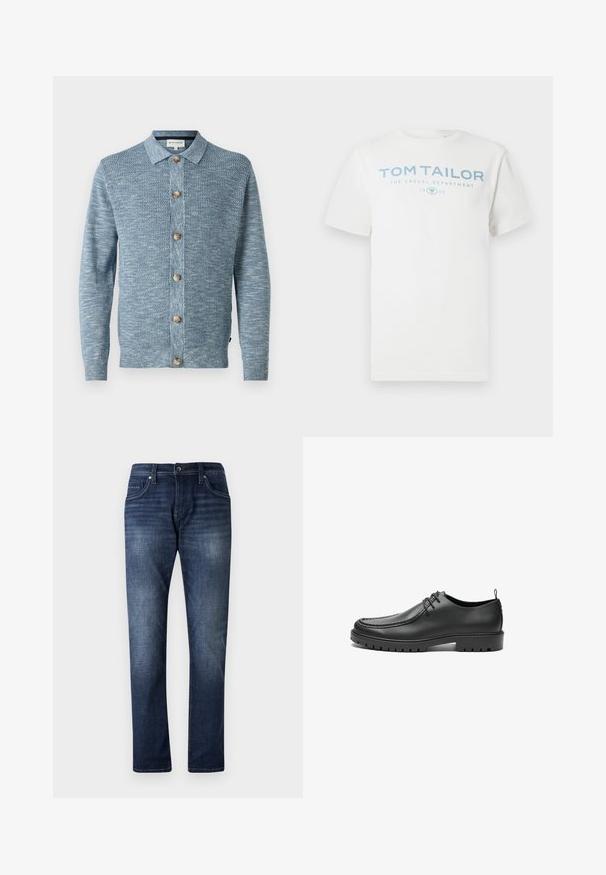 Lichtblauwe gebreide cardigan met een gestructureerd patroon, voorzien van een knoopsluiting aan de voorkant en houten knopen, lange mouwen en een klassieke kraag.; Wit katoenen t-shirt met een lichtblauwe opdruk met de tekst "TOM TAILOR," "THE CASUAL DEPARTMENT" en "1962." Klassieke ronde hals en korte mouwen.; Donkerblauwe denim jeans met een rechte pijpdesign, voorzien van een vervaagde wassing, vijf zakken en zichtbare stiksels langs de naden.; Zwarte lederen schoenen met een gladde afwerking, ronde neus en decoratieve stiksels. Beschikt over een rubberen zool met tractiegrepen en een vetersluiting.