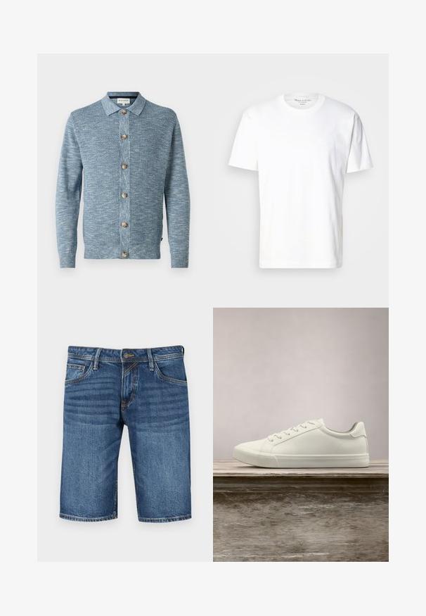 Cárdigan de punto azul claro con un patrón texturizado, que presenta un cierre frontal con botones y botones de madera, mangas largas y un cuello clásico.; Camiseta de algodón blanca con cuello redondo y mangas cortas. Presenta un pequeño detalle del logo en el frente. Textura suave y corte casual.; Bermudas de mezclilla azul oscuro con corte recto, diseño de cinco bolsillos y costuras en contraste. Cierre de botón y cremallera en la cintura.; Zapatilla blanca con cordones flotando sobre un banco de madera con follaje verde al fondo, mostrando el diseño y la textura del zapato.