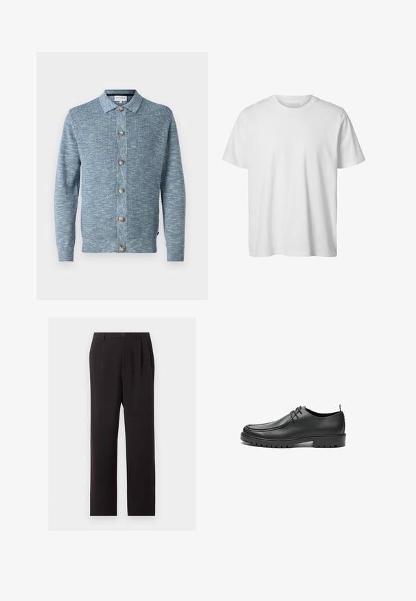Lyseblå strikket cardigan med et struktureret mønster, med knaplukning foran og træknapper, lange ærmer og klassisk krave.; Enkelt hvid T-shirt med korte ærmer og rund hals, løs pasform og uden synlige logoer eller designs foran.; Sorte bukser med lige ben, knap- og lynlåslukning, bæltestropper og fine forreste læg.; Sorte lædersko med en glat overflade, rund tå og dekorativ stikning. Har en gummisål med skridsikre spor og snørebåndsdesign.