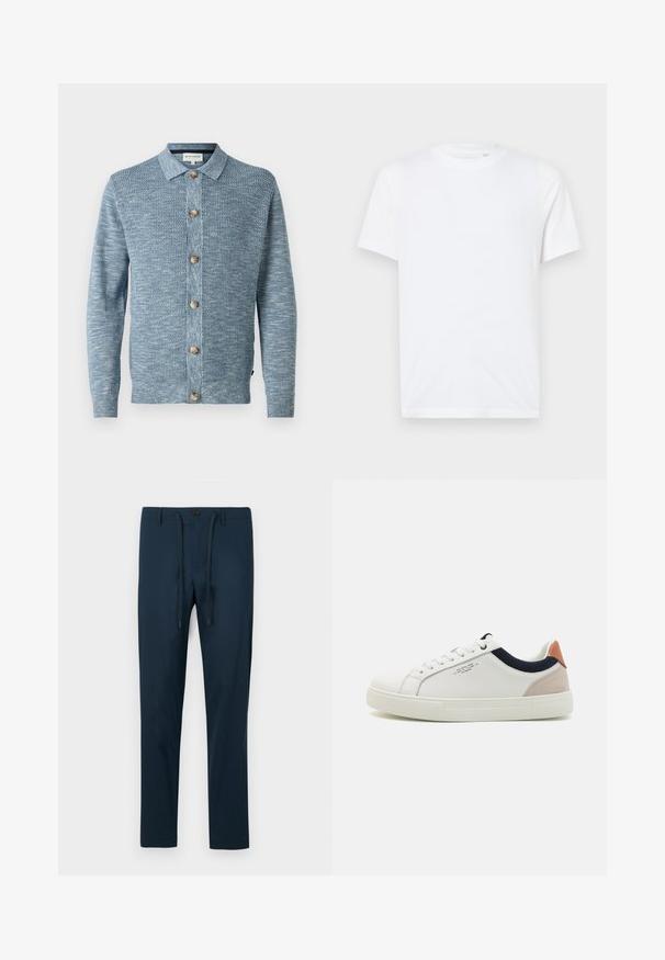 Cárdigan de punto azul claro con un patrón texturizado, que presenta un cierre frontal con botones y botones de madera, mangas largas y un cuello clásico.; Camiseta de algodón blanca con cuello redondo y mangas cortas. Presenta un pequeño logo en relieve en el lado izquierdo del pecho. Textura suave.; Pantalones azul marino de tela ligera, con cierre de botón y cordón ajustable, en un corte slim y tapered.; Zapatillas blancas de cuero con un diseño de caña baja, acento en tela azul marino en el cuello y una lengüeta de talón de ante rosa claro. Suela de goma.