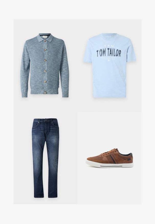 Lyseblå strikket cardigan med et struktureret mønster, med knaplukning foran og træknapper, lange ærmer og klassisk krave.; Lyseblå bomulds t-shirt med rund halsudskæring og korte ærmer. Den har kraftig sort trykt tekst: "TOM TAILOR" samt yderligere brandingdetaljer.; Mørkeblå denimjeans med lige ben design, der har en falmet vask, fem lommer og synlige stikninger langs sømmene.; Brune lædersneakers med en glat overflade, hvid gummisål, sorte accenter og dekorativ syning med sidelæg.