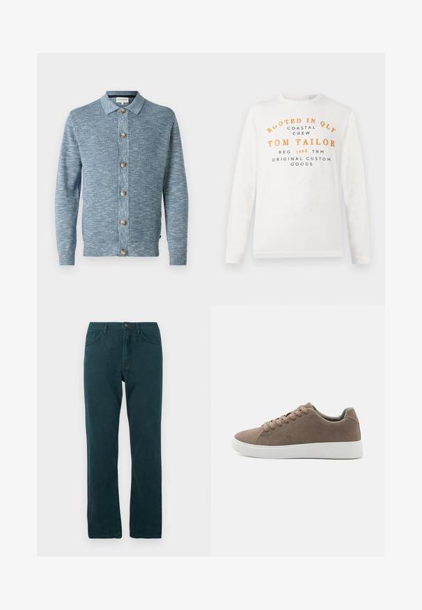 Cardigan en tricot bleu clair avec un motif texturé, doté d'une fermeture à boutons à l'avant et de boutons en bois, avec des manches longues et un col classique.; Chemise blanche à manches longues avec un texte orange et noir indiquant "Rooted in QLY Coastal Crew Tom Tailor Reg 1962 TRM Original Custom Goods" sur le devant.; Jean droit bleu canard avec fermeture à bouton et zip à l'avant, poches avant et arrière, présenté à plat sur fond blanc.; Baskets en daim marron avec des semelles en caoutchouc blanc plat, design lacé, bout rond et texture lisse. Style minimaliste avec des détails de couture subtils.