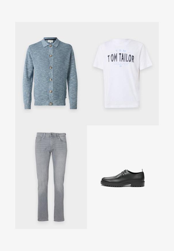 Lichtblauwe gebreide cardigan met een gestructureerd patroon, voorzien van een knoopsluiting aan de voorkant en houten knopen, lange mouwen en een klassieke kraag.; Witte katoenen t-shirt met ronde hals en korte mouwen. Voorzien van blauwe en zwarte bedrukte tekst: "TOM TAILOR," "STREETS OF HAVANA," en cijfers.; Grijze denim jeans met een rechte pijp, voorzien van een sluiting met een knop en rits aan de voorkant, vijf zakken en subtiele vervagingen overal.; Zwarte lederen schoenen met een gladde afwerking, ronde neus en decoratieve stiksels. Beschikt over een rubberen zool met tractiegrepen en een vetersluiting.