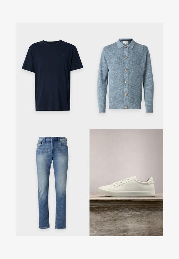 Cárdigan de punto azul claro con un patrón texturizado, que presenta un cierre frontal con botones y botones de madera, mangas largas y un cuello clásico.; Camiseta de manga corta azul marino hecha de tela suave, con cuello redondo, con un pequeño logo y el año "1962" impreso en el pecho.; Jeans de denim azul claro con corte recto, cinco bolsillos y un lavado desgastado. Presenta un cierre de botón y presillas para cinturón.; Zapatilla blanca con cordones flotando sobre un banco de madera con follaje verde al fondo, mostrando el diseño y la textura del zapato.