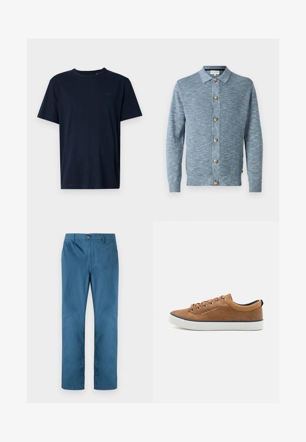 Lyseblå strikket cardigan med et struktureret mønster, med knaplukning foran og træknapper, lange ærmer og klassisk krave.; Mørkeblå kortærmet t-shirt lavet af blødt stof med en rund halsudskæring, prydet med et lille logo og året "1962" trykt på brystet.; TOM TAILOR REGULAR WASHED - Chino - real teal blue; Brune lædersneakers med rund tå, hvid sål og marineblå accenter. Har metaløjer og en tekstureret krave.