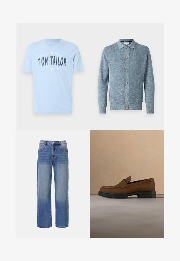 Lyseblå strikket cardigan med et struktureret mønster, med knaplukning foran og træknapper, lange ærmer og klassisk krave.; Lyseblå bomulds t-shirt med rund halsudskæring og korte ærmer. Den har kraftig sort trykt tekst: "TOM TAILOR" samt yderligere brandingdetaljer.; Lys blå denim bred benjeans med et falme mønster, fem lommer og lynlås i gylpen. Har en knap og bæltestropper i taljen.; Mørkebrune læderloafer med tyk sort gummisål vist over en beige tæppe- og sofa baggrund.