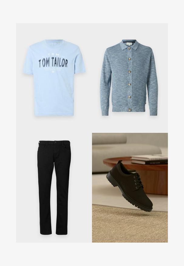 Cárdigan de punto azul claro con un patrón texturizado, que presenta un cierre frontal con botones y botones de madera, mangas largas y un cuello clásico.; Camiseta de algodón azul claro con cuello redondo y mangas cortas. Tiene un texto impreso en negrita de color negro: "TOM TAILOR" y detalles adicionales de la marca.; Vaqueros de denim negro con un ajuste slim, que cuentan con bolsillos frontales, trabillas para cinturón y cierre de botón. Textura suave con un color sólido.; Zapato negro de cuero con cordones y suela gruesa flotando sobre una alfombra beige en un salón minimalista.