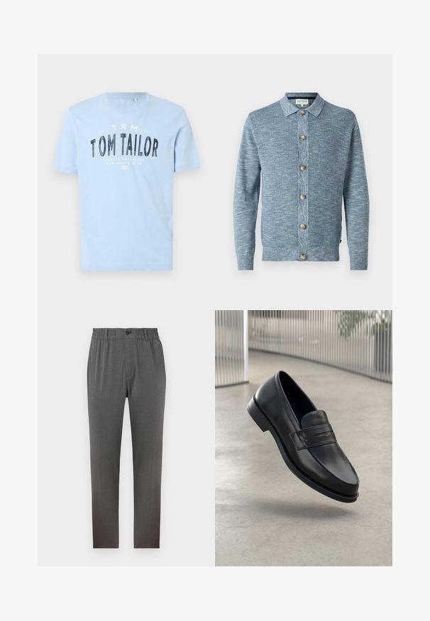 Lyseblå strikket cardigan med et struktureret mønster, med knaplukning foran og træknapper, lange ærmer og klassisk krave.; Lyseblå bomulds t-shirt med rund halsudskæring og korte ærmer. Den har kraftig sort trykt tekst: "TOM TAILOR" samt yderligere brandingdetaljer.; Grå bukser med en skræddersyet design, der har elastisk talje, knaplukning og lige ben; lavet af blødt, struktureret stof.; Sort lædersko med glat tekstur, spids tå og en dekorativ rem over vristen. Letvægts sål, minimalistisk design.