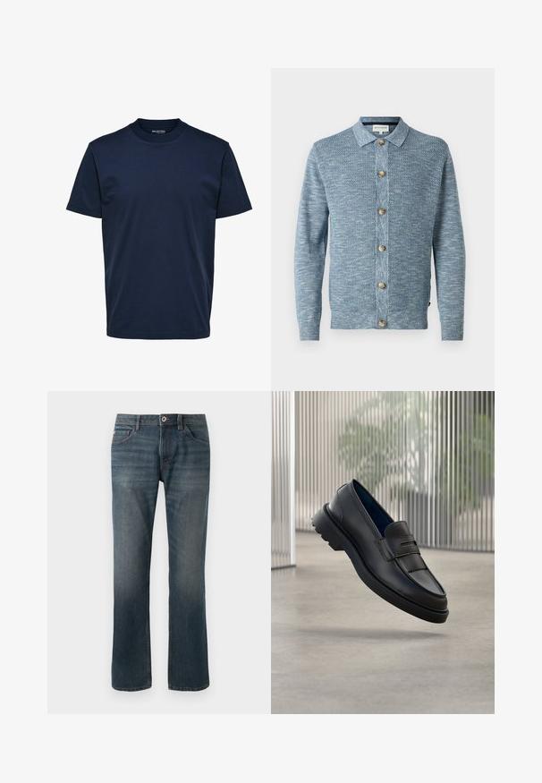 Lyseblå strikket cardigan med et struktureret mønster, med knaplukning foran og træknapper, lange ærmer og klassisk krave.; Herre plain mørkeblå T-shirt med korte ærmer og rund hals med almindelig pasform og uden synlige mønstre eller logoer.; Mørkeblå denimjeans med lige ben-design. Funktioner inkluderer fem lommer, kontraststing og en frontlukning med knap og lynlås.; Sorte læder loafers med en glat finish, der har en dekorativ rem og et tekstureret panel foran samt en tekstureret gummisål.
