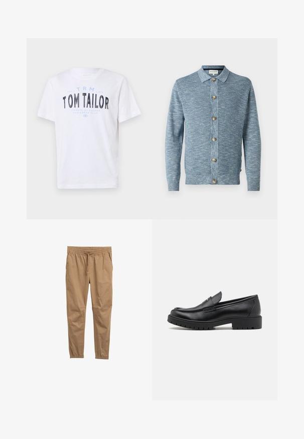 Cardigan en tricot bleu clair avec un motif texturé, doté d'une fermeture à boutons à l'avant et de boutons en bois, avec des manches longues et un col classique.; T-shirt en coton blanc avec encolure ronde et manches courtes. Comprend un texte imprimé en bleu et noir : « TOM TAILOR », « STREETS OF HAVANA », et des chiffres.; Pantalons en mélange de coton marron avec une taille élastique, un cordon de serrage adjustable et des poignets fuselés. Texture lisse, sans motifs ni éléments en métal visibles.; Mocassins en cuir noir avec un bout arrondi, un design à enfiler et une semelle en caoutchouc épaisse avec une texture antidérapante. Talon surélevé et détails de surpiqûre subtils.