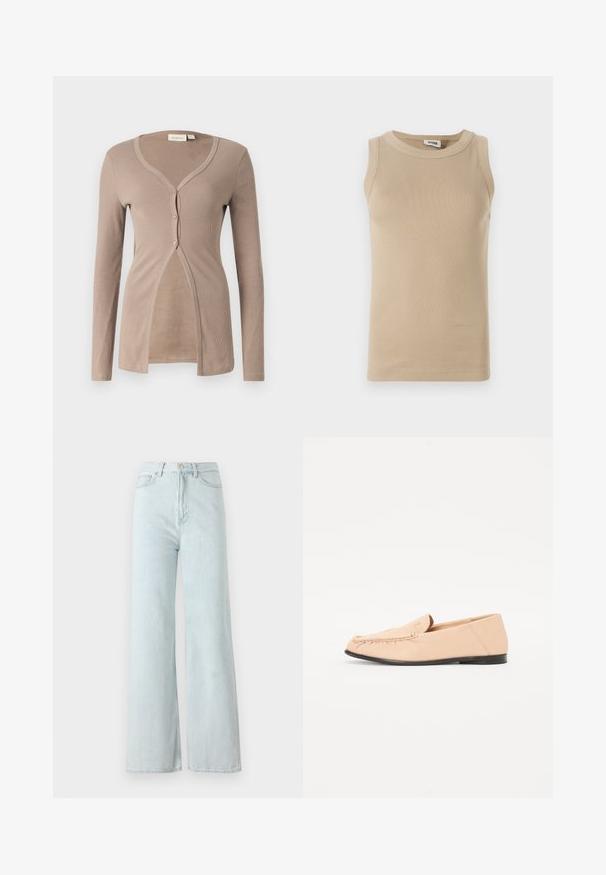 Cardigan beige à côtes avec des manches longues, col en V et fermeture à cinq boutons. Il présente une texture douce et un design à ouverture frontale pour un ajustement décontracté.; Top sans manches beige en tissu côtelé avec un col rond, présentant des coutures ton sur ton et un design ajusté.; Jeans larges bleu clair à taille haute, en tissu denim. Présente une fermeture à bouton et éclair avec des poches avant.; Mocassins en cuir beige avec des détails brodés, une semelle noire plate et un bout arrondi. Design minimaliste sans quincaillerie ou accents visibles.