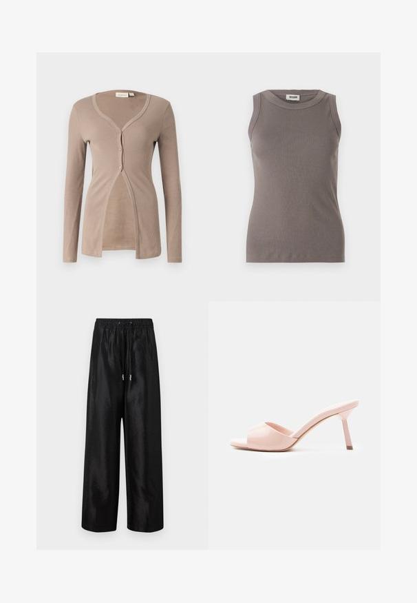 Beige ribbet cardigan med lange ærmer, V-hals og fem knaplukning. Har en blød tekstur og en frontåbning for en afslappet pasform.; Grå ribbede tanktop med rund halsudskæring og ærmeløs design, lavet af et blødt, tekstureret stof. Enkel, tætsiddende silhuet.; Sorte brede bukser lavet af blankt stof med elastisk talje og snøre, med sølv hardware-detaljer.; Lakrosa lyserøde åbne hæle-sko med åben tå, en slank hæl og en glat, blank overflade. Har en enkel silhuet og minimalistisk design.