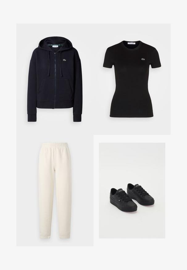 Sudadera con cremallera en color marino, hecha de suave tejido de algodón. Cuenta con un bolsillo frontal, capucha con cordón, puños acanalados y un pequeño logo bordado.; Camiseta negra de manga corta con cuello redondo, que presenta un pequeño logo de cocodrilo verde de Lacoste en el lado izquierdo del pecho.; Pantalones de chándal de color crema hechos de una tela suave. Cuentan con una cinturilla elástica y un diseño de perneras ajustadas con detalles de costura sutiles.; Zapatillas bajas negras de material suave, con cordones gruesos, una suela texturizada y un pequeño logo en el lateral y la lengüeta.