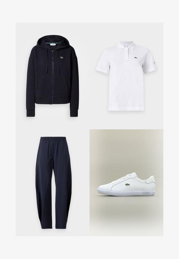 Hoodie zippé marine en tissu de coton doux. Il présente une poche avant, une capuche avec cordon de serrage, des poignets côtelés et un petit logo brodé.; Polo blanc à manches courtes avec deux boutons, un petit logo crocodile vert sur la poitrine gauche et un logo noir discret sur la manche gauche.; Pantalon bleu marine droit avec taille élastique et poches latérales, présenté sur fond blanc.; Baskets basses blanches avec lacets blancs, logo crocodile vert sur le côté et étiquette "Lacoste" sur la semelle, le tout sur un fond neutre.