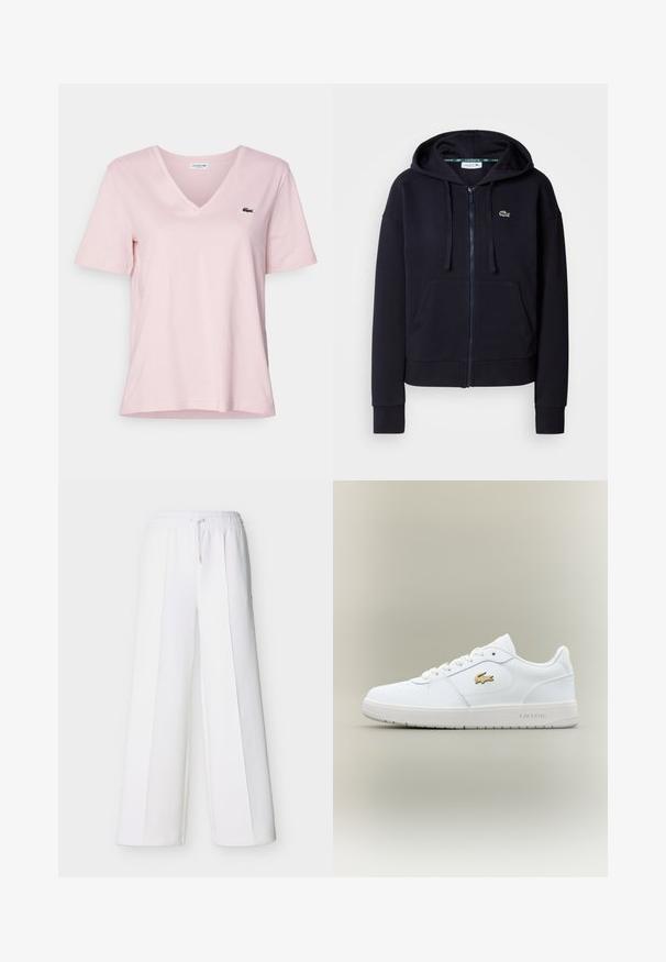 Marinefarbene Zip-Hoodie aus weichem Baumwollstoff. Verfügt über eine Fronttasche, eine Kapuze mit Kordelzug, gerippte Bündchen und ein kleines gesticktes Logo.; Helles, rosafarbenes Baumwoll-T-Shirt mit V-Ausschnitt und kurzen Ärmeln, ausgestattet mit einem kleinen grünen, gestickten Krokodil-Logo auf der linken Brust.; Weiße Weithosen mit elastischem Bund und Kordelzug. Hergestellt aus weichem Stoff mit vertikalen Nähten für einen maßgeschneiderten Look.; Weiße Ledersneaker mit einem Low-Top-Design, runder Zehenpartie, Schnürverschluss und einem goldenen Lacoste-Logo-Akzent an der Seite.