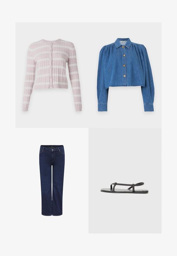 Heled roosa kabelkootud kardigan valgete horisontaalsete triipudega, nupuga ees, ümar kaelus ja pikad varrukad.; Sinine lühendatud teksajakk volangjate pikkade varrukatega, ees nööbitav sulgur ja klassikaline krae.; Tumedast sinised denim püksid sirge lõikega, viie tasku ning metallnupuga sulgur. Keskmise kaaluga kangas, millel on sile tekstuur.; Mustad mustad sandaalid, millel on õhukesed, tekstuuriga rihmad minimalistlikus disainis. Tallad on siledad ja üldine kuju on libe ja diskreetne.