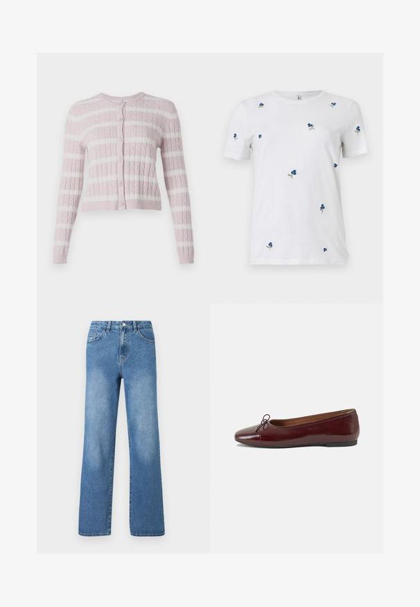 Lyserød kabelstrik cardigan med hvide vandrette striber, knaplukning foran, rund halsudskæring og lange ærmer.; Hvid kortærmet t-shirt med små, spredte blå blomsterbroderier og grønne stilke, rund hals, ensfarvet baggrund.; Lysblå denim jeans med høj talje, vidde ben design, fem lommer og synlige syninger. Glat tekstur med let falmning.; Bordeaux patentlæder balletflad med rund tå, lille sløjfeaccent foran og en lav, sort gummisål. Glat tekstur.