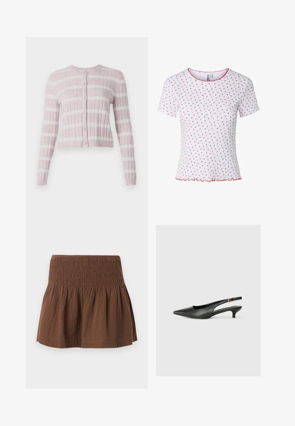 Cardigan en tricot torsadé rose clair avec des rayures horizontales blanches, devant boutonné, col rond et manches longues.; T-shirt blanc à manches courtes avec petit motif fleuri rouge, texture côtelée, bordure festonnée rouge au col et à l’ourlet. Aucun bouton ni poche visible.; Mini-jupe marron avec ceinture élastique smockée et tissu froncé en dessous, fabriquée en matériau léger texturé.; Chaussure slingback noire à bout pointu en cuir lisse. Présente un talon fin et un détail de boucle sur la sangle réglable.
