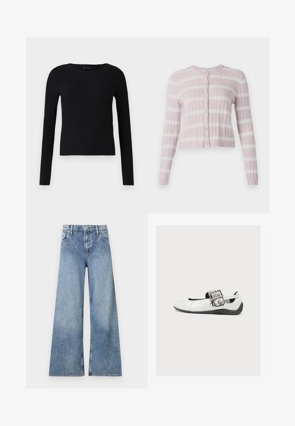 Cárdigan de punto en color rosa claro, con rayas horizontales blancas, cierre de botones, escote redondo y mangas largas.; Camiseta de manga larga de punto negro con escote redondo. Hecha de una tela suave y elástica, presenta una silueta ajustada y detalles mínimos.; Vaqueros de pierna ancha en azul claro con bolsillos delanteros, trabillas para cinturón, cierre de botones y detalles desgastados.; Zapato plano blanco con suela negra, correa con hebilla grande plateada con patrón de piel de serpiente y logo de Puma en el lado frontal.
