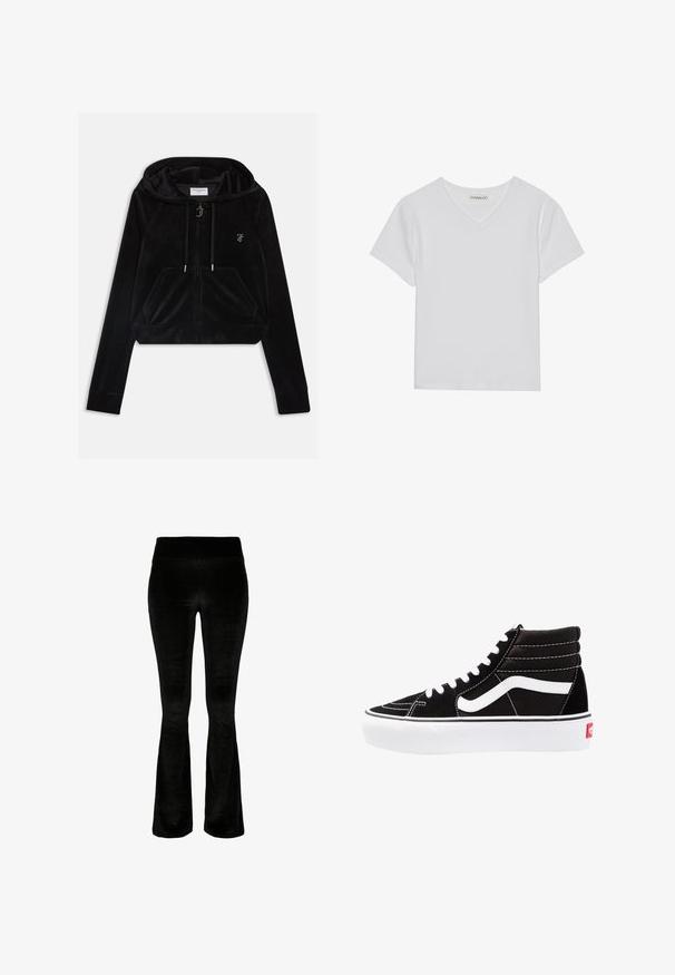 Čierna zamatová mikina na zips s cropped dizajnom, prednými vreckami a kapucňou so šnúrkou. Na hrudi sa nachádza malé strieborné logo.; Biely krátky rukáv V-krčný tričko vyrobené z rebrovanej tkaniny. Má čistý dizajn s rovnými okrajmi a minimálnym detailovaním.; Čierne zvonové nohavice z mäkkej zamatovej látky. Vysoký pás a hladká textúra. Dizajn zahŕňa zvonový strih od kolena nadol.; Čierne vysoké tenisky s bielymi šnúrkami, bielym logom a kontrastným bielym prešívaním. Majú hrubú bielu podrážku a textúrovaný semišový zvršok.
