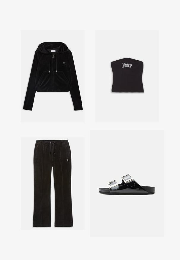 Haut de survêtement noir en velours à fermeture éclair, au design cropped, avec poches avant et capuche à cordon. Présente un petit logo en argent sur la poitrine.; Top court noir ajusté avec une texture lisse et un décolleté arrondi, orné de lettres en strass épelant "Juicy" à l'avant.; Pantalons de survêtement en velours noir à la texture douce, dotés d'une taille élastique avec cordons de serrage et de deux poches latérales. Détail de logo discret présent.; Sandale à glissière noire brillante avec deux boucles carrées argentées réglables et une semelle plate.