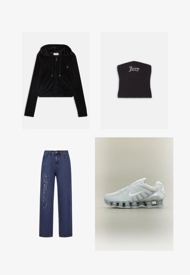 Sudadera con cremallera de terciopelo negro y diseño corto, con bolsillos frontales y capucha con cordón. Presenta un pequeño logo plateado en el pecho.; Top corto negro ajustado con una textura suave y un escote curvado, decorado con letras de strass que dicen "Juicy" en la parte frontal.; Vaqueros de mezclilla de color azul oscuro con un corte holgado, adornados con brillantes de plata que forman el texto "Ed Hardy" a lo largo de la pierna izquierda.; Zapatilla deportiva Nike blanca y gris con diseño de rayas verticales y estructura distintiva de suela tipo resorte.