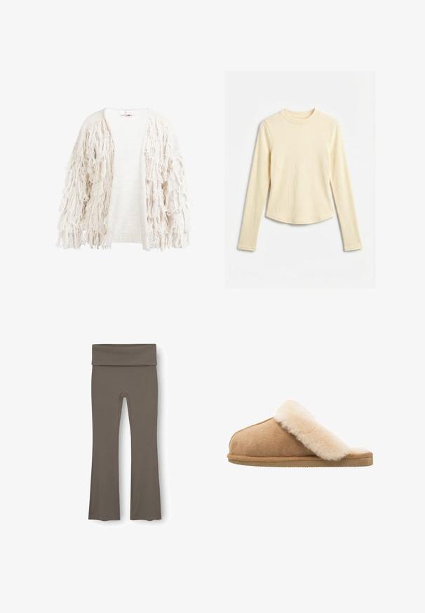 Cardigan con flecos en color crema, que presenta un tejido texturizado y borlas sueltas a lo largo de las mangas y los bordes frontales, diseño de apertura frontal.; Camiseta de manga larga color crema con costillas, cuello redondo y dobladillo ligeramente curvado, extendida sobre un fondo blanco.; Leggings marrones de campana hechos de un material elástico, con una banda ancha en la cintura y una textura suave en toda su superficie.; Zapatilla de ante de color beige, con un suave forro de piel de oveja crema. Cuenta con una suela de goma plana y texturizada para mayor agarre.