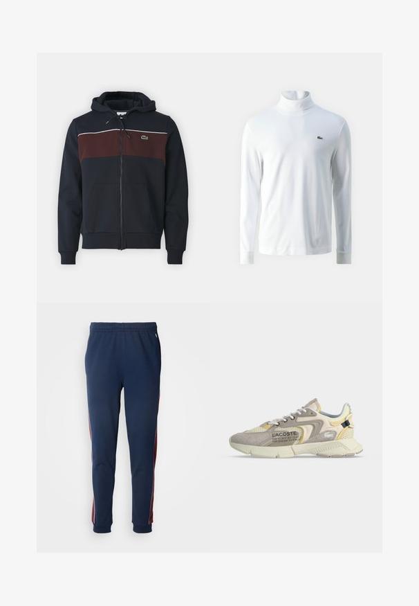 Sweat à zip bleu marine avec un panneau poitrine bordeaux, une ligne d'accent blanc, un cordon de serrage réglable et une poche frontale. Il présente un petit logo.; Chemise à col roulé blanche à manches longues en tissu doux, ornée d'un petit logo brodé vert sur la poitrine et de poignets ajustés.; Pantalons de jogging bleu marine avec une taille élastique, ornés de bandes latérales rouges et d'accents blancs. Tissu lisse avec des bas resserrés aux chevilles.; Baskets Lacoste beige et crème avec des empiècements en mesh et en suède, lacets blancs et texte de marque sur le côté, vues du côté extérieur.