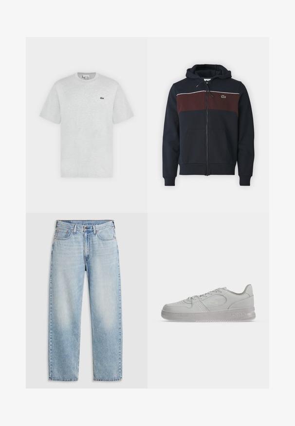 Marineblå lynlås hoodie med maroon brystpanel, hvid accentlinje, justerbar snor og en frontlomme. Har et lille logo.; Lysegrå t-shirt med korte ærmer og rund hals med lille grønt Lacoste krokodillelogo på venstre bryst.; Lyseblå lige jeans med fem lommer, metalknaplukning og falmede detaljer ved lårene og knæene, lagt fladt på hvid baggrund.; Hvid lav Lacoste sneaker med snørebånd, præget logo på siden og tekstureret sål på en ensfarvet baggrund.