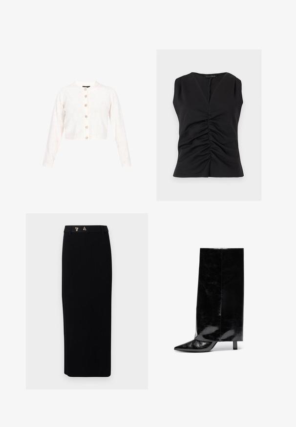 Cárdigan blanco recortado con mangas largas, con textura de lentejuelas, cinco botones y un cuello redondo.; Top negro sin mangas con escote en V y detalle fruncido en la parte delantera, hecho de tela suave, con etiqueta Anna Field.; AERON FORUM - Falda de tubo - black; Botín de cuero negro hasta el tobillo con punta afilada y tacón cuadrado, que presenta un caña alta y brillante y un acabado texturizado en la parte inferior.