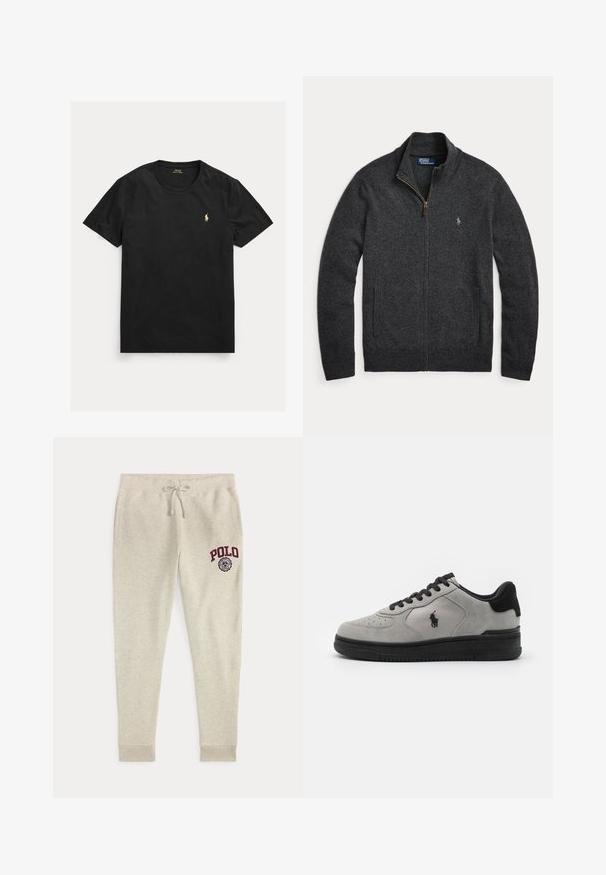 Donkergrijze trui met volledige ritssluiting, opstaande kraag, twee voorzakken, geribde boorden en zoom, en een klein geborduurd logo op de linkerborst.; Zwart T-shirt met korte mouwen en ronde hals met klein geel Polo Ralph Lauren-logo op de linkerborst.; Beige joggingbroek met trekkoord, zijzakken en rood "POLO"-logo en embleem op de bovenste linker dij.; Grijze suède sneakers met zwarte accenten, met een textuurstof zijpaneel, een ronde neus en een zwarte rubberen zool. Logo geborduurd op de zijkant.